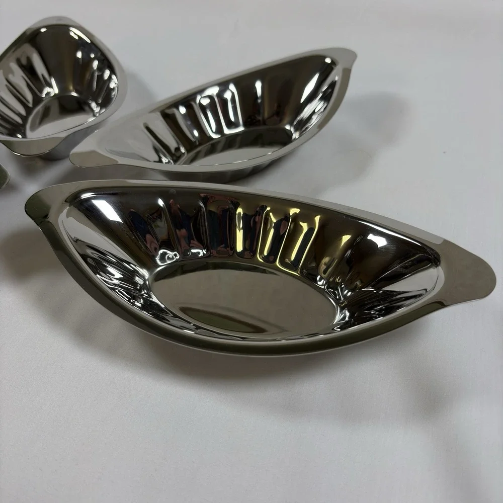 Oval Au Gratin Dishes Four Polished Silver Tone Metal Individual Serving Boats